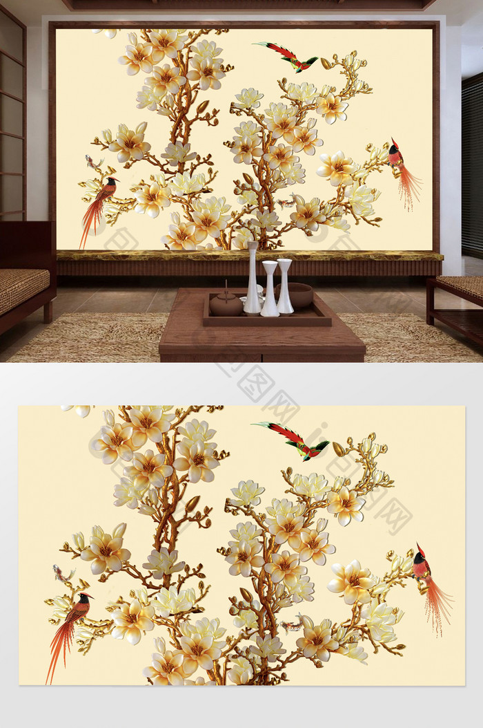 立体雕花桃花树鹦鹉中式背景墙