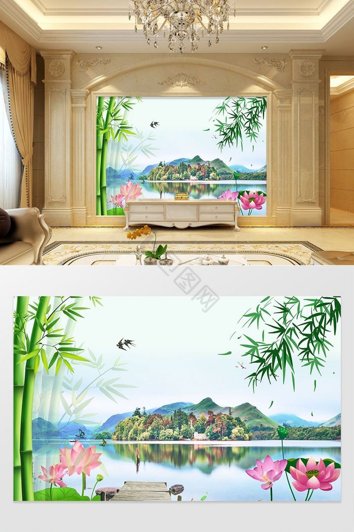 清新绿色山水锦绣风景画背景墙图片