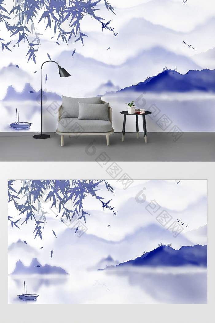新中式蓝色抽象山水背景装饰画