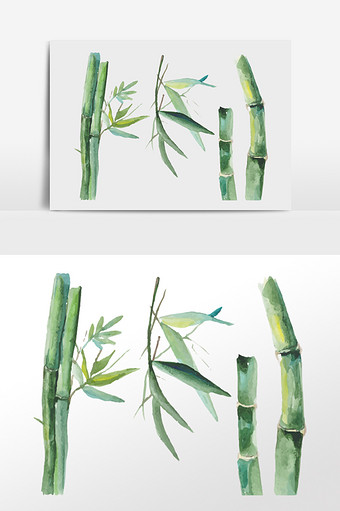 春分青竹叶子绿色竹子水彩风格插画图片