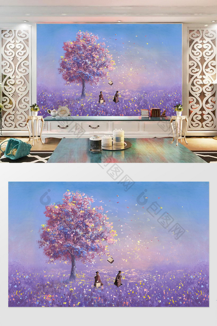 浪漫紫色油画风格电视背景墙