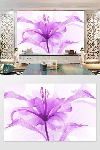 现代简约梦幻紫色花卉电视背景墙图片