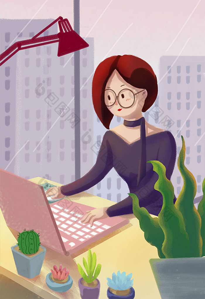 认真工作的女人民生插画图片