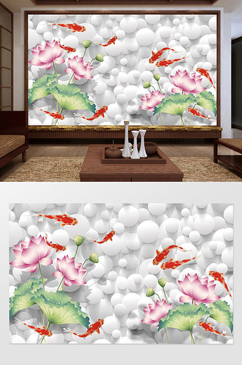 荷花莲花红鲤鱼现代背景墙图片