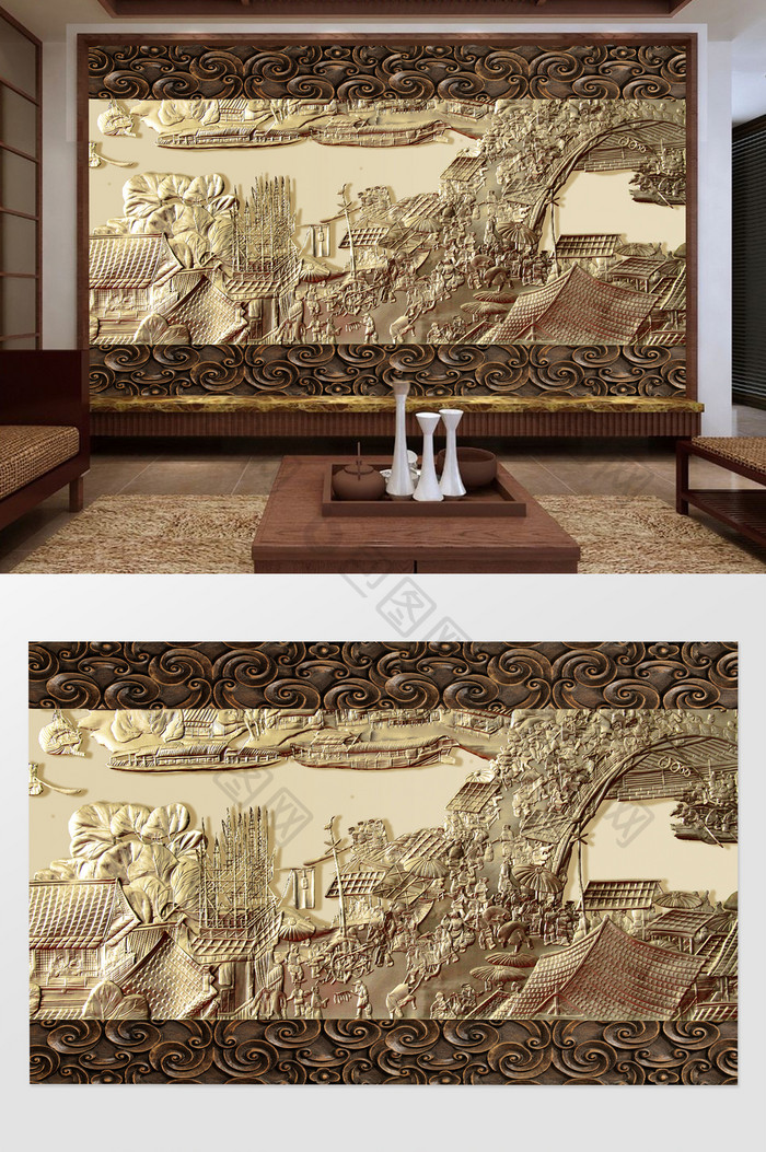 金色浮雕清明上河图中国特色文化背景墙