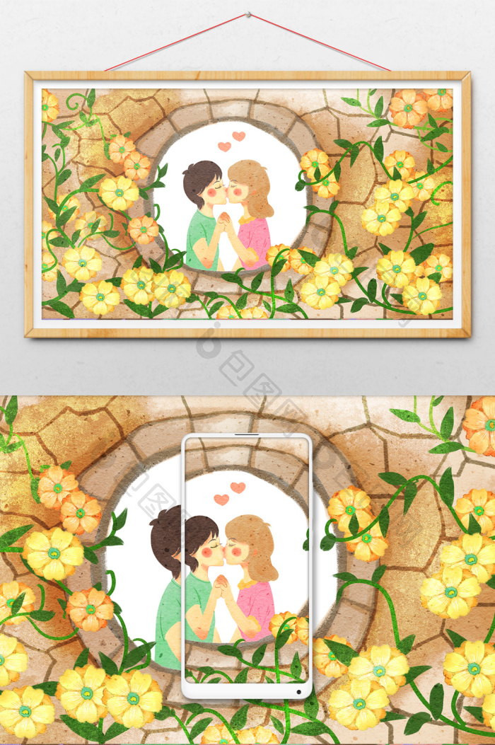 情侣花墙中接吻插画图片-包图网