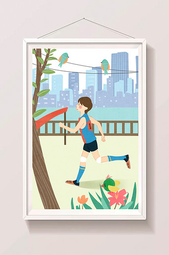 唯美卡通男性跑步跑马拉松插画图片