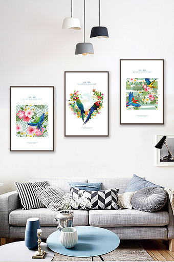 森林系鹦鹉花卉书房客厅装饰画图片