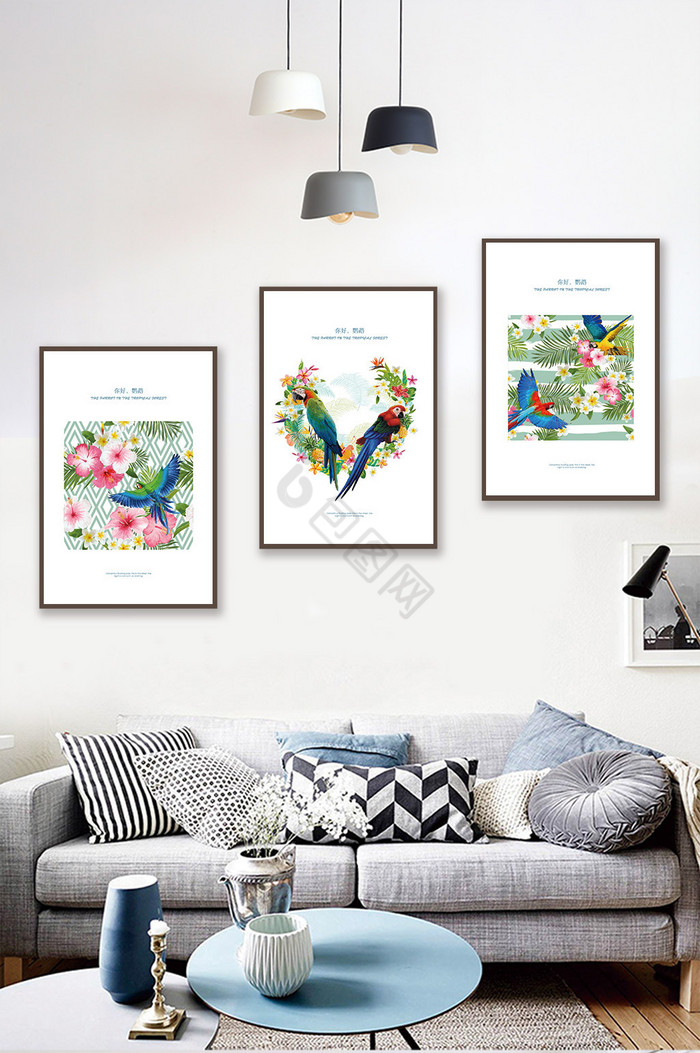森林系鹦鹉花卉书房客厅装饰画图片