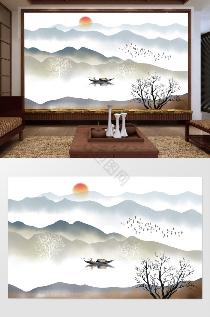 新中式水墨山水画背景墙图片