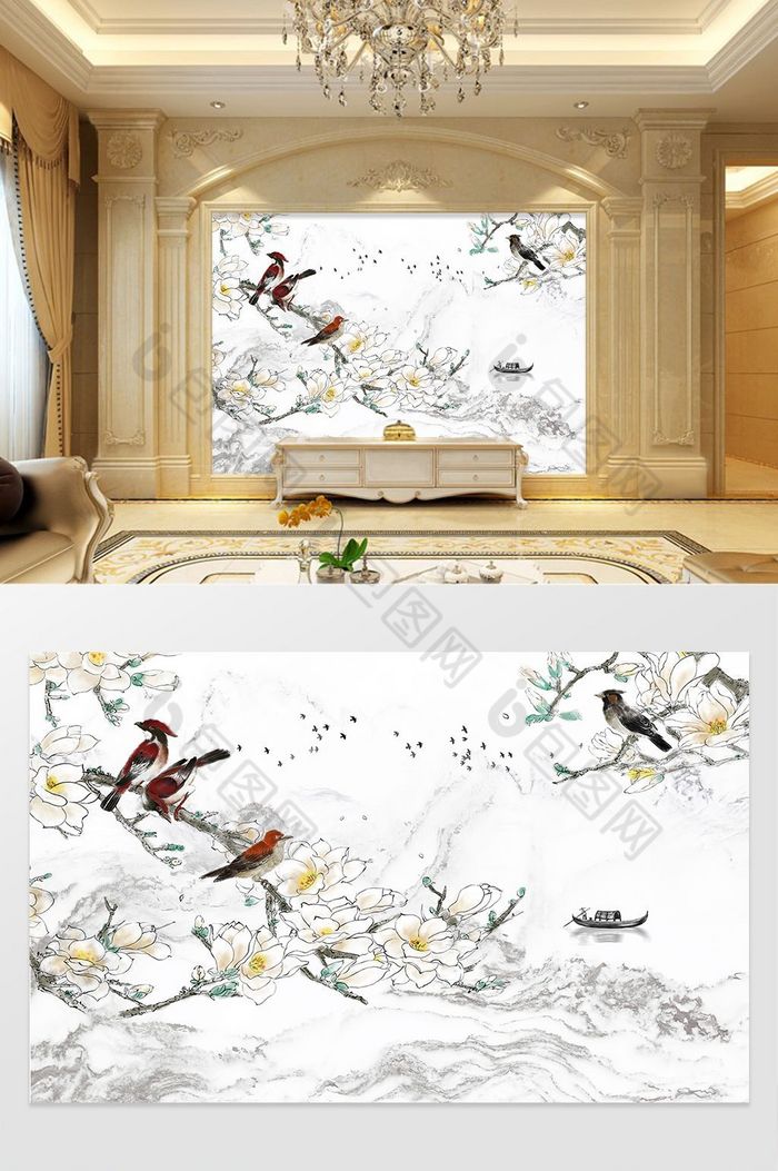 梅花新中式背景墙手绘梅花图片