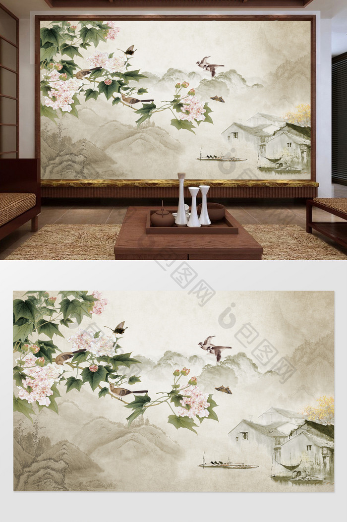 新中式手绘工笔花鸟山水电视背景墙装饰画