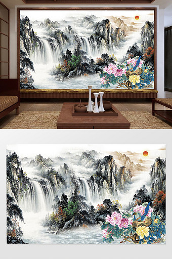 新中式意境抽象水墨山水客厅背景墙壁画图片