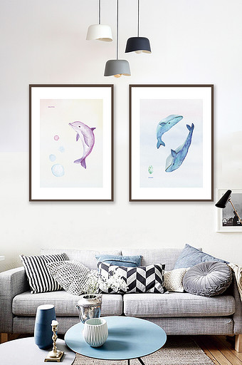 北欧简约海洋生物海豚鲨鱼彩绘二联装饰画图片