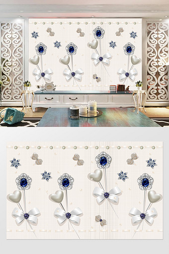 白色桃心珍珠蕾丝蝴蝶结镶钻花朵蓝钻背景墙图片