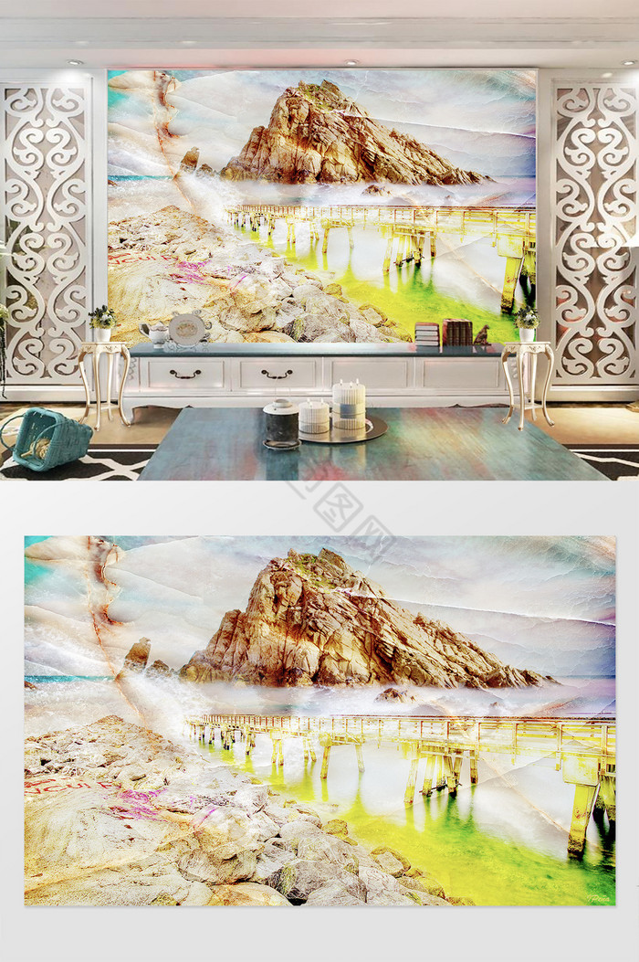山水3D大理石石材石纹烧瓷电视背景墙图片