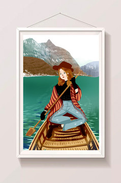文艺复古划船女孩主题插画图片