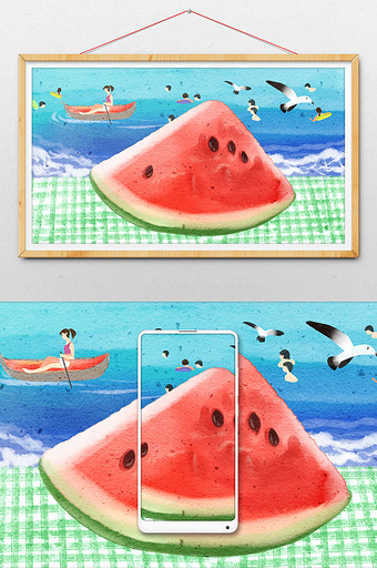 唯美清新夏天海边避暑度假游泳吃西瓜插画图片