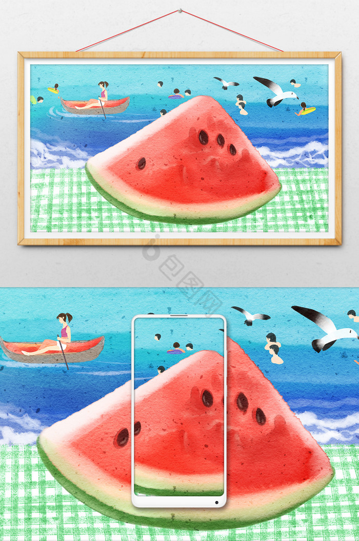 夏天海边避暑度假游泳吃西瓜插画图片