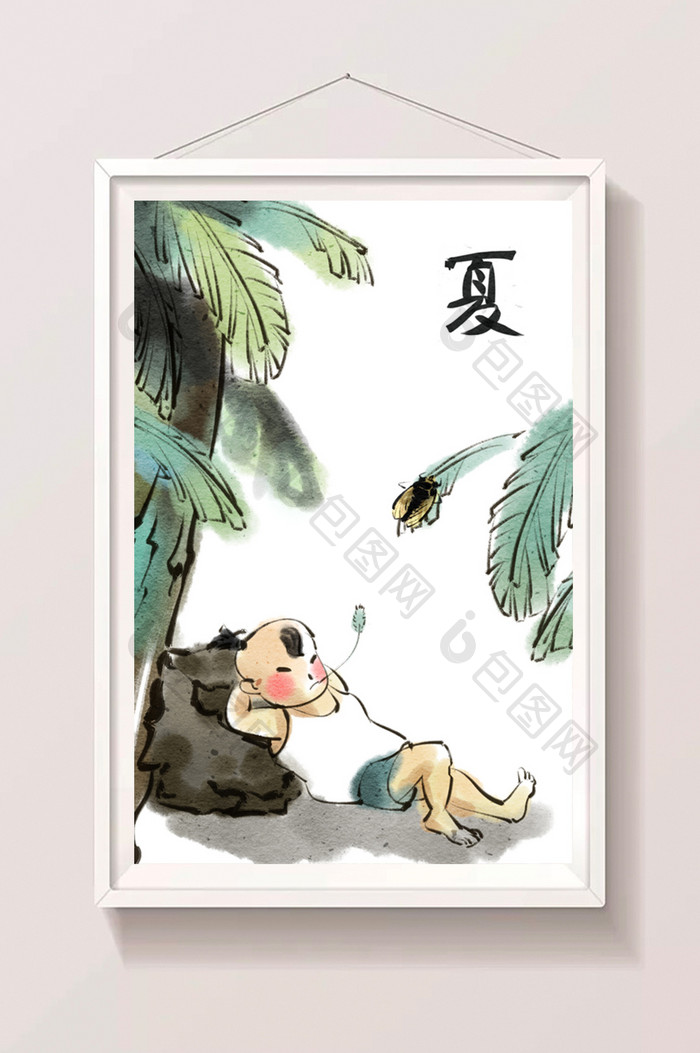中国风水墨孩童夏天芭蕉树下乘凉插画