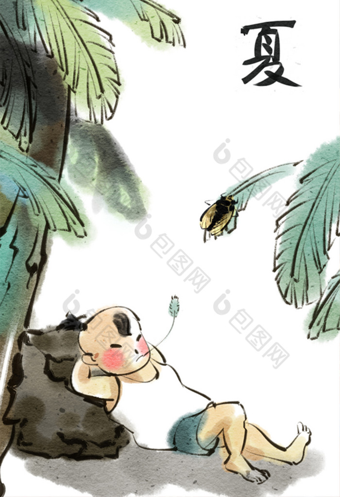 中国风水墨孩童夏天芭蕉树下乘凉插画图片
