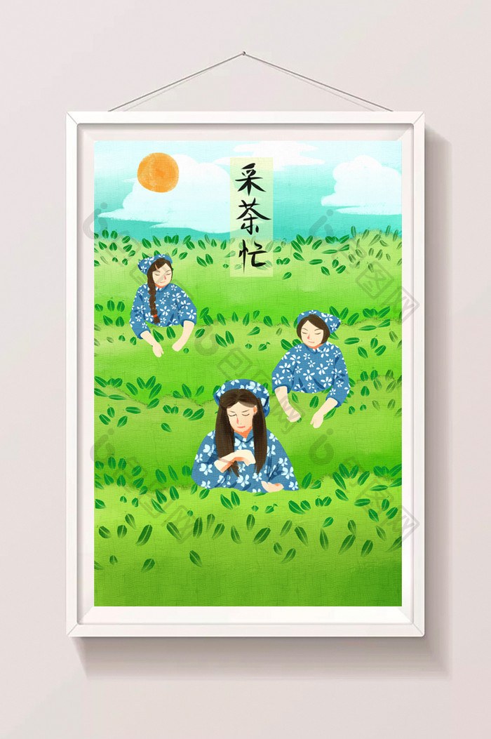 清新唯美春天采茶女采茶忙插画