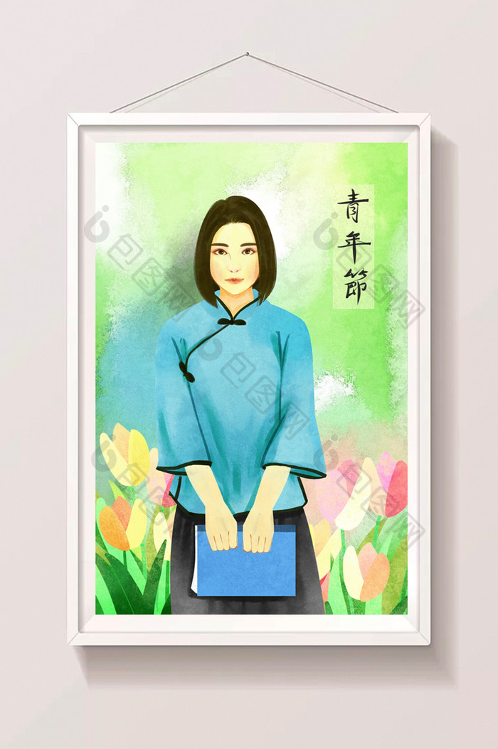 唯美清新五四青年节知识女性与花插画