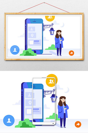科技蓝创意手机通讯多媒体人物场景插画图片