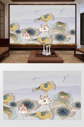 中国风水墨手绘荷花电视背景墙图片