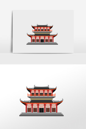 红色中国风建筑插画元素