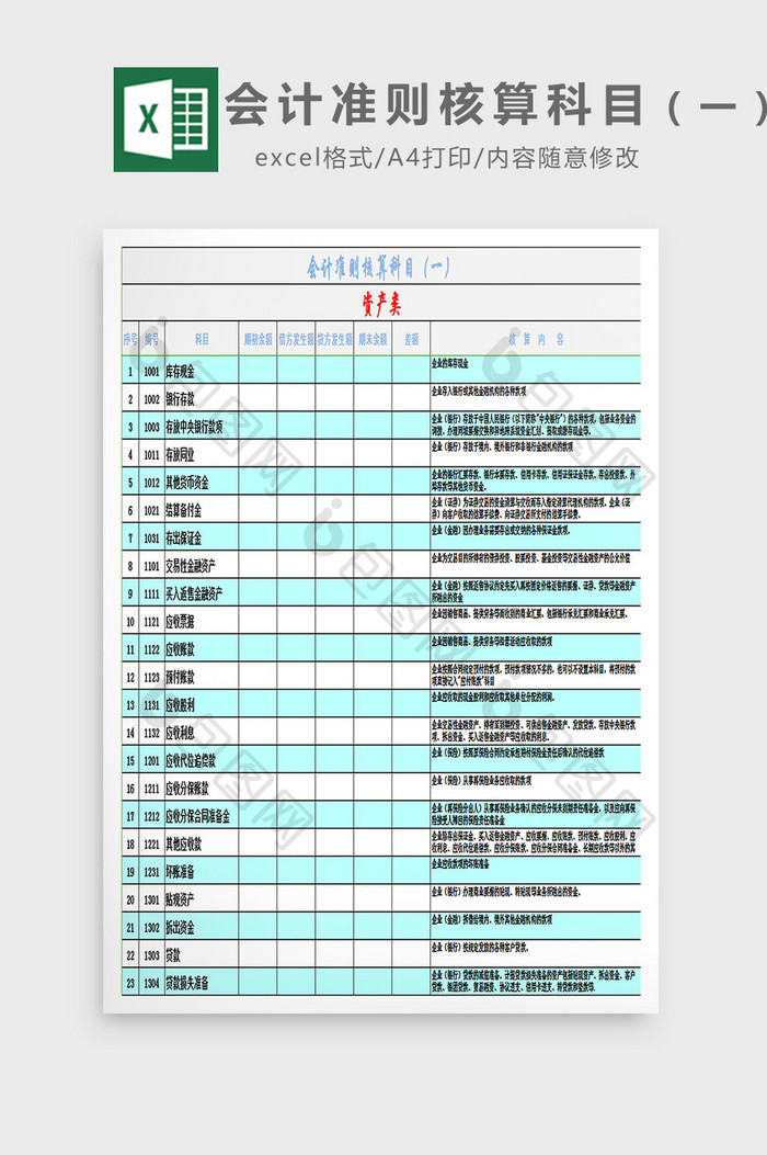 会计准则核算科目（一）excel模板