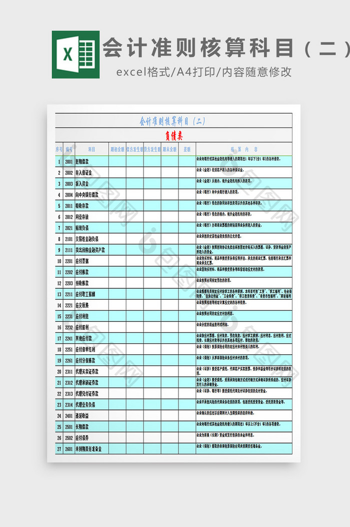 会计准则核算科目（二）excel模板