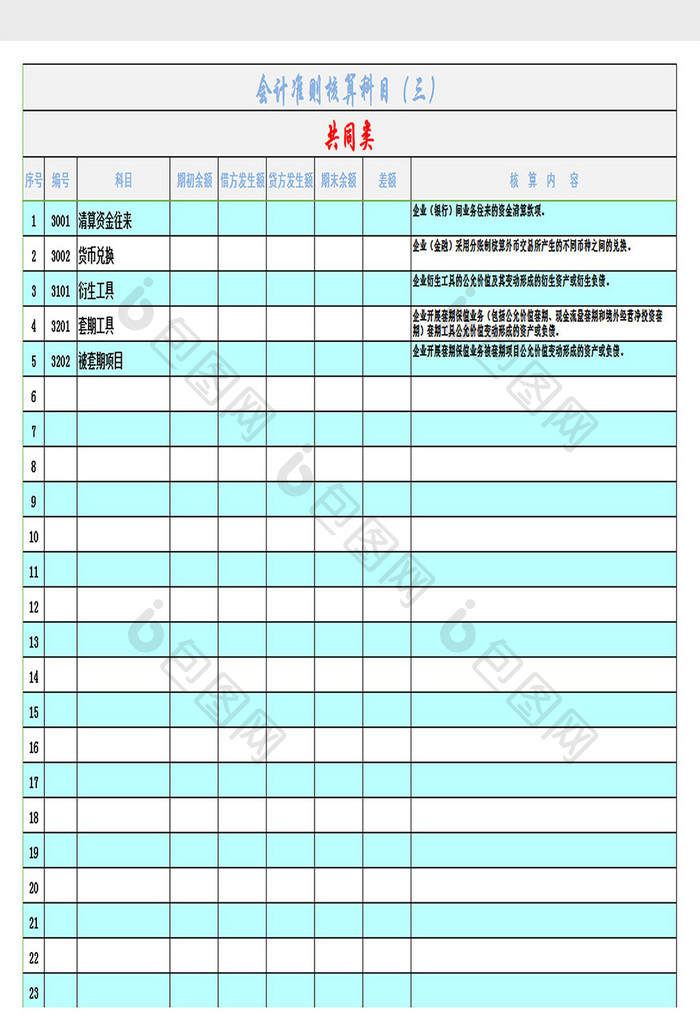 会计准则核算科目（三）excel模板