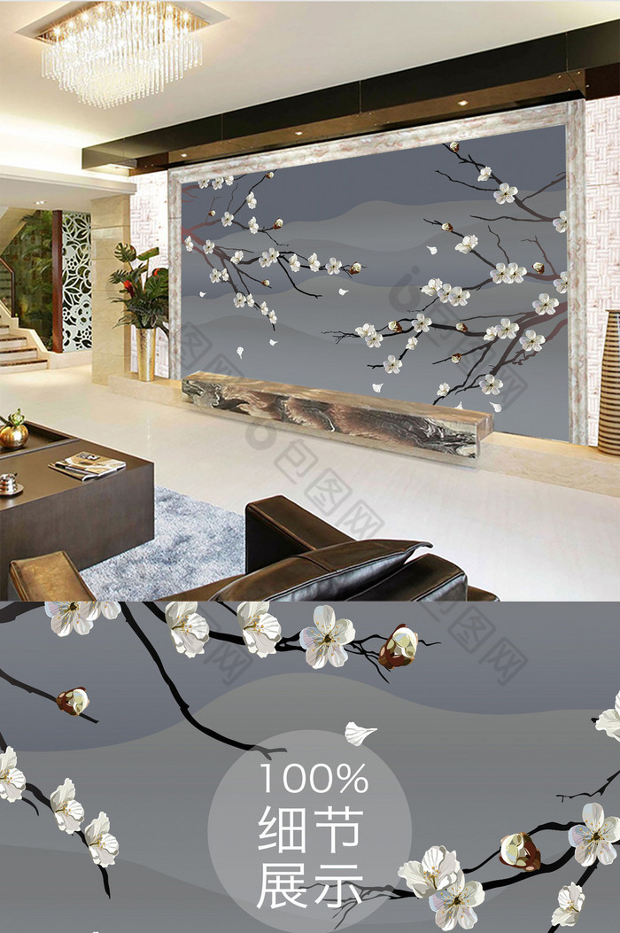 淡雅手绘花卉电视背景墙