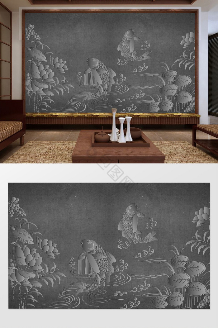 3d浮雕中式荷花大理石电视背景墙图片