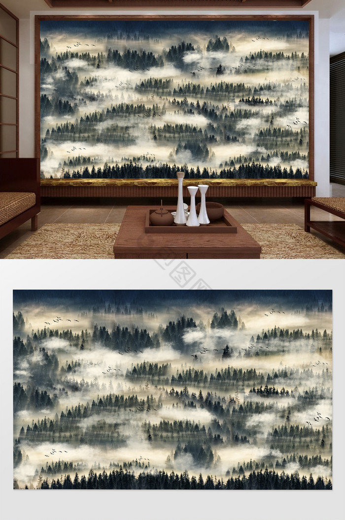中式意境山水森林电视背景墙图片