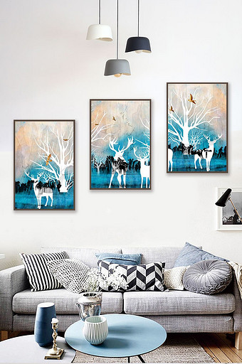 北欧现代清新创意手绘富贵麋鹿发财树装饰画图片
