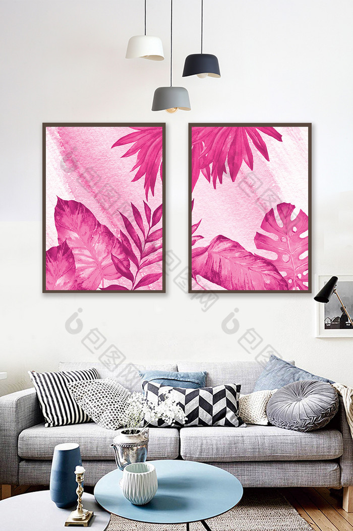 北欧现代简约粉色热带植物花卉客厅装饰画图片图片