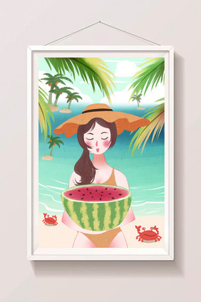 唯美清新卡通女性夏天海边度假吃西瓜插画