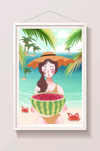 唯美清新卡通女性夏天海边度假吃西瓜插画图片