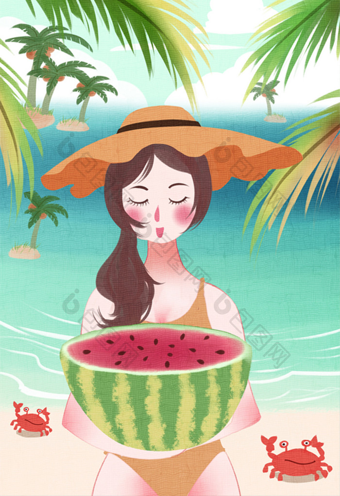 唯美清新卡通女性夏天海边度假吃西瓜插画