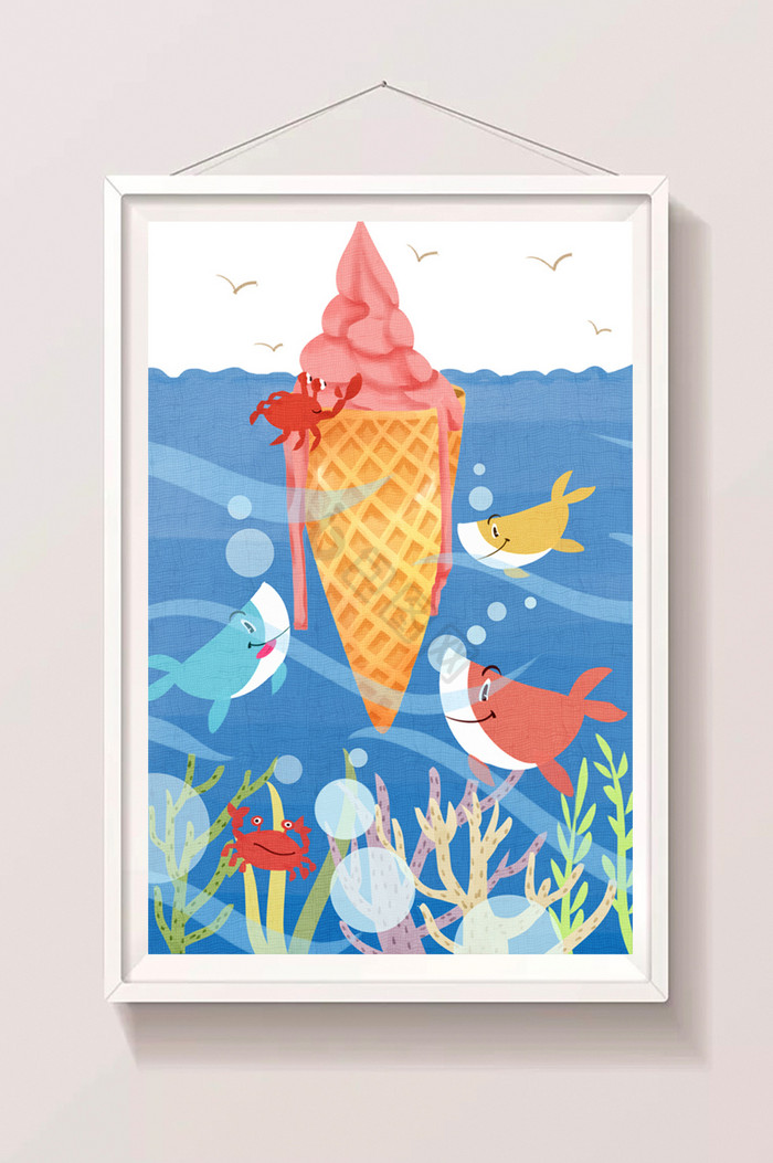 鱼在海里吃冰淇淋插画图片