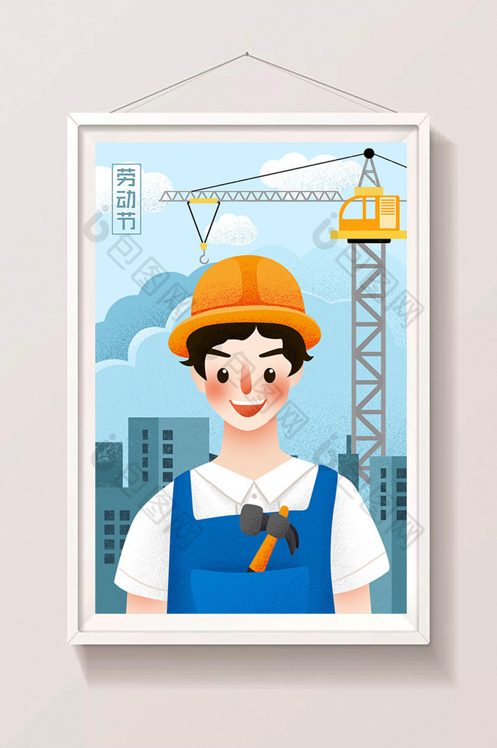 蓝色卡通手绘五一劳动节建筑工地工人插画