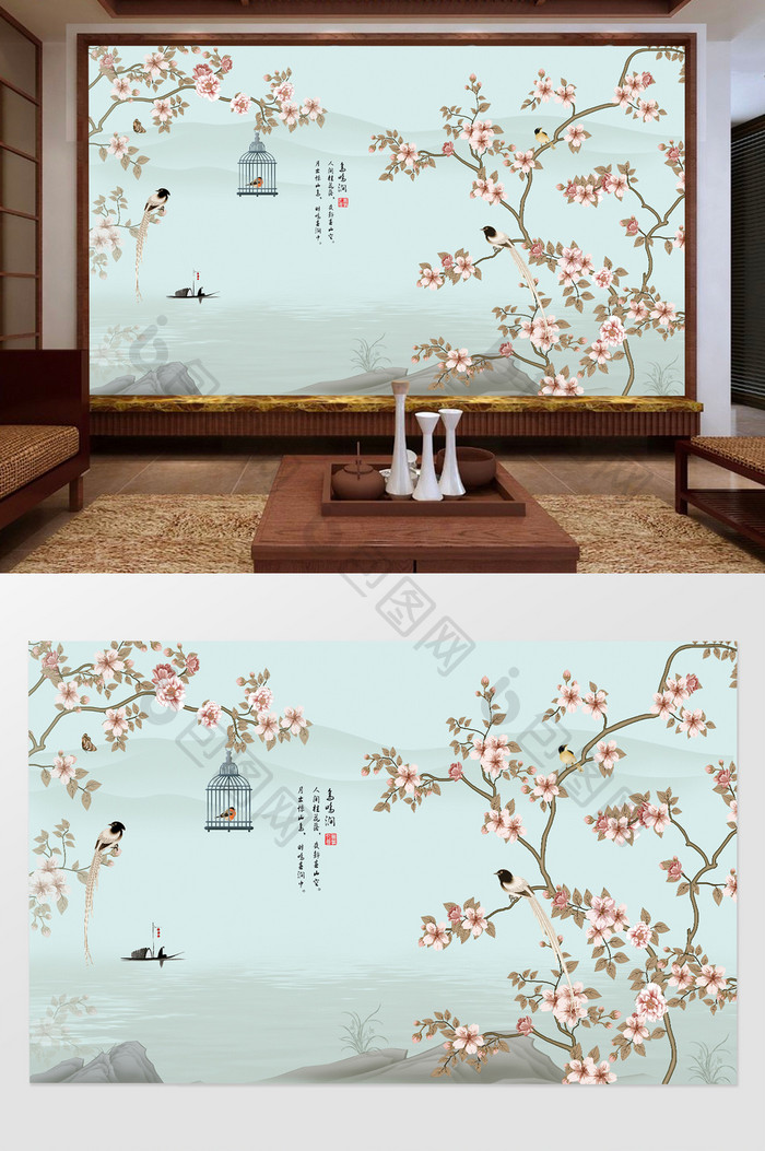 中式水墨桃树桃花开客厅电视背景墙设计