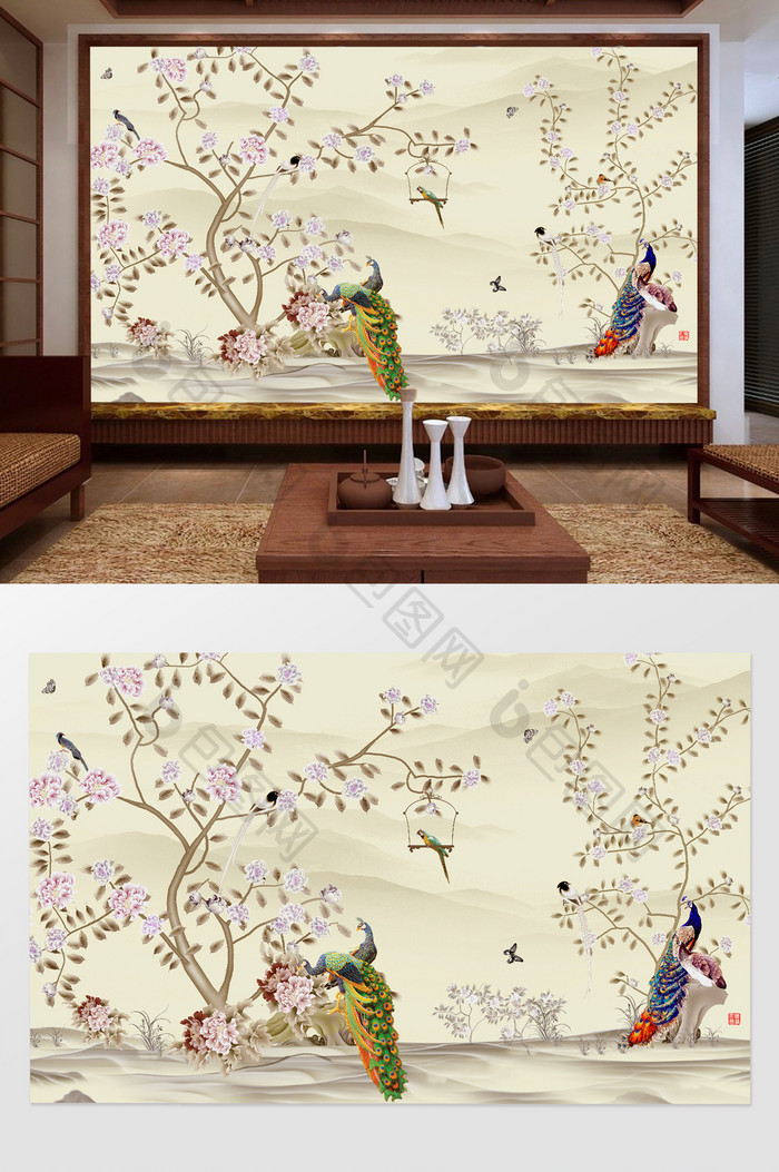 中式花草树木孔雀花卉客厅电视背景墙设计