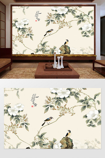 中式花开富贵喜鹊客厅电视背景墙设计图片