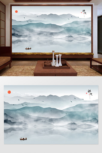 中式山水仙境水墨画客厅电视背景墙图片