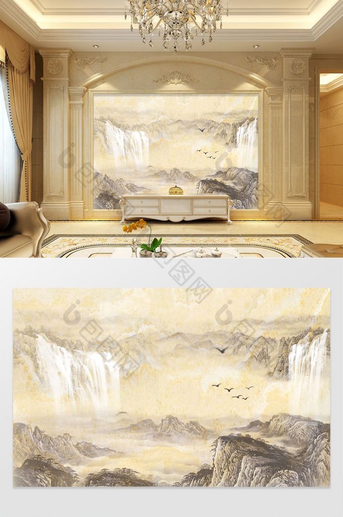 高清3D大理石纹山水花日出背景墙世外仙境图片图片