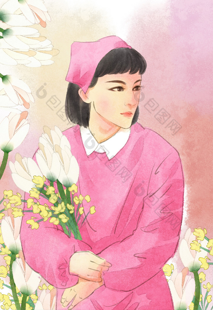 清新水彩护士节手捧花插画