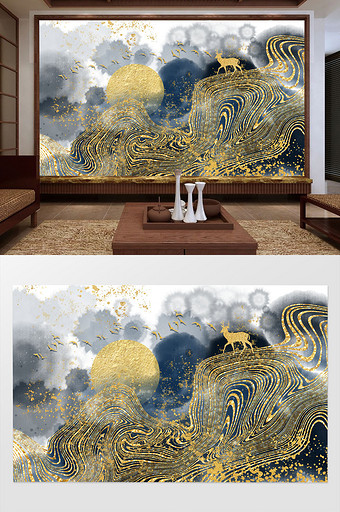 新中式金色线条抽象水墨客厅背景墙图片